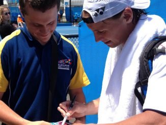 Lithuania Tribune sports writer Alex Tigani pictured with Ričardas Berankis three years later in 2013. Photo courtesy of Alex Tigani.