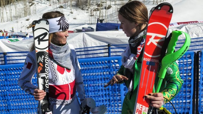 Ieva with former U.S. Ski Team racer Sarah Schleper of Vail, now racing for Mexico. Schleper did not finish the first run. © Jennifer Virskus 