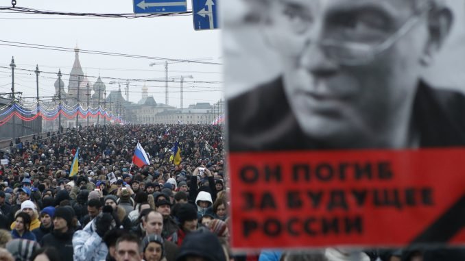 Nemtsov picture at a missive protest in the streets of Moscow