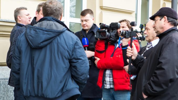 Rossiya journalists waited for forum participants outside hotel in Vilnius