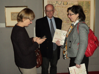 Anne-Marie Goussard, right, at an exhibition of Lithuanian maps in Paris