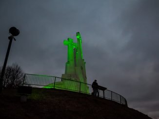 The Three Crosses were lit in green on St. Patrick's Day