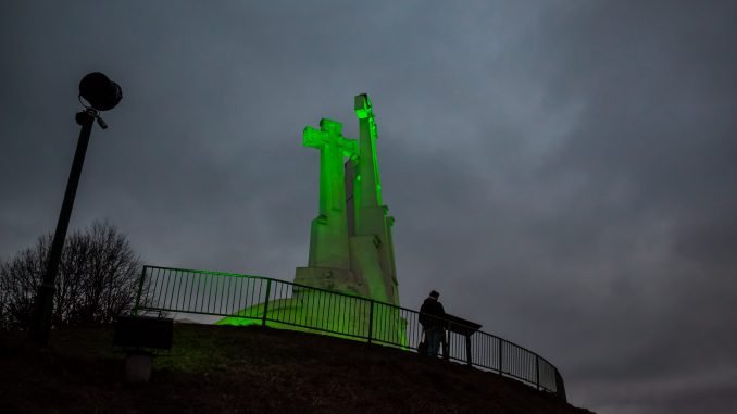 The Three Crosses were lit in green on St. Patrick's Day