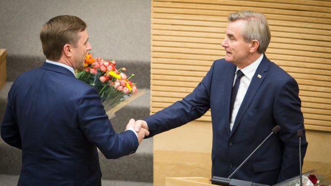 MP Ramūnas Karbauskis congratulate the new Seimas Speaker Viktoras Pranckietis