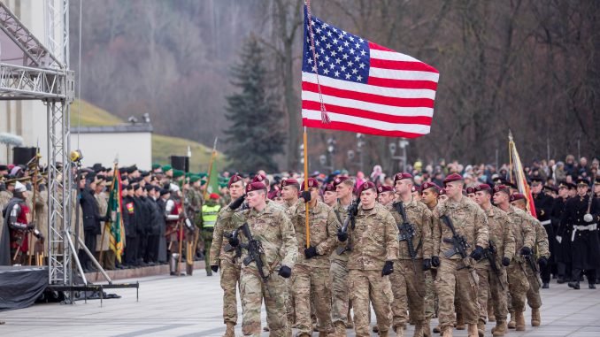 USA troops marching in the Cathedral Sq in Vilnius during the Army day