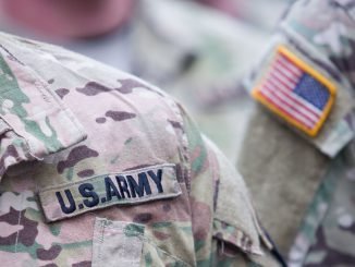 USA troops marching in the Cathedral Sq in Vilnius during the Army day