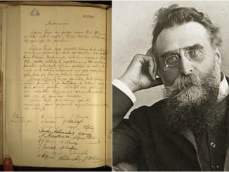 The original copy of Lithuania's 1918 Act of Independence that was found this week in Berlin's diplomatic archives and one of the main signatries of the document Jonas Basanavičius