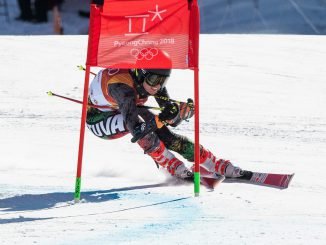 Ieva Januškevičiūtė at the the women’s giant slalom at the 2018 Olympic Winter Games in Pyeongchang