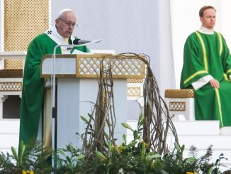 Pope Francis addressing to more than 100,000 people in the Santara Park in Kaunas