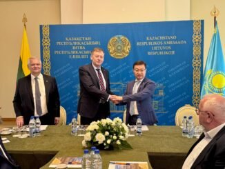 Ambassador of Kazakhstan Timur Urazayev greating Vidmantas Janulevičius and Romas Austinskas