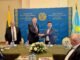 Ambassador of Kazakhstan Timur Urazayev greating Vidmantas Janulevičius and Romas Austinskas